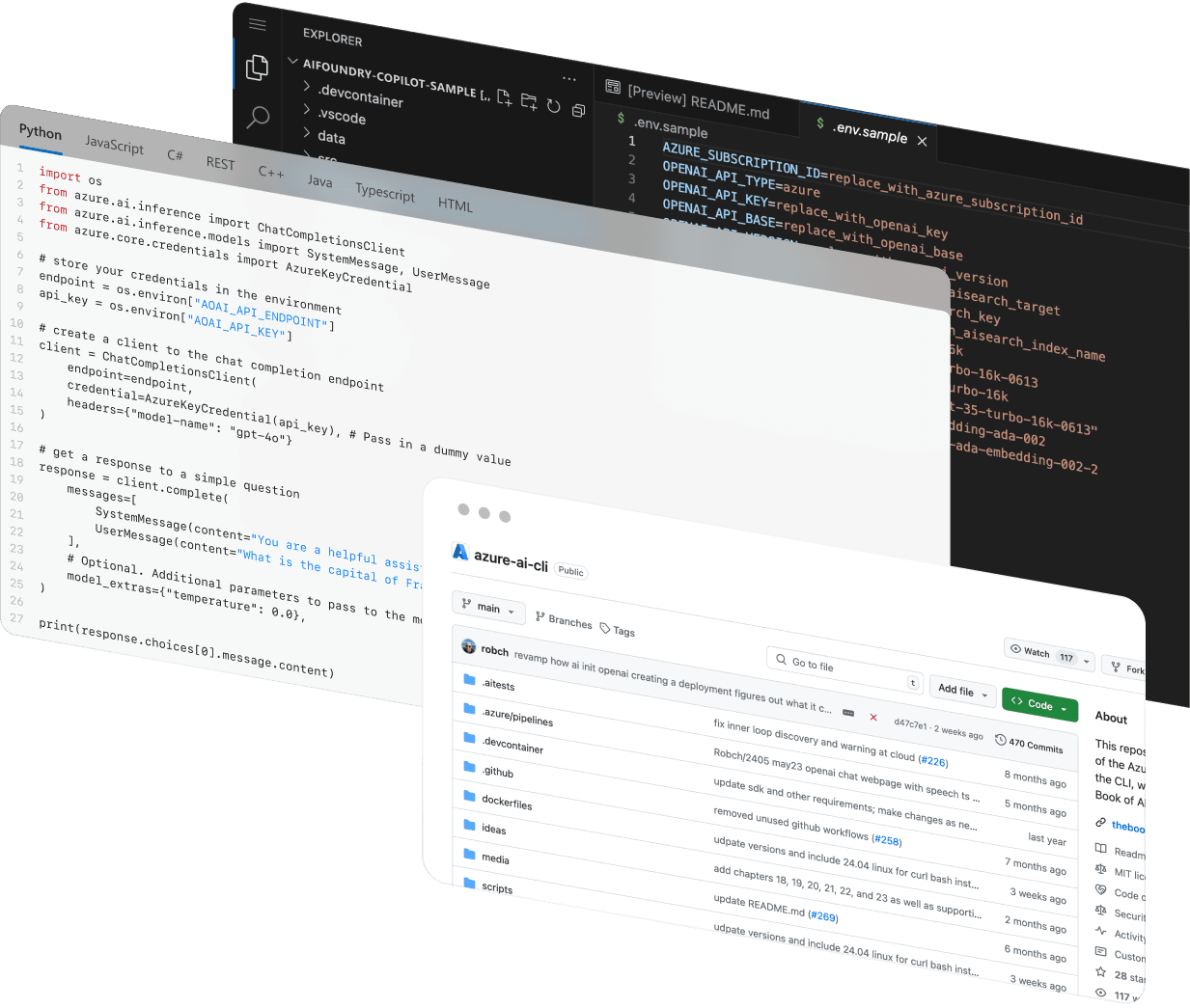 Screenshots of the Azure AI Foundry SDK on GitHub and VS Code, showing example code in Python, JavaScript, C Sharp, and Rest.