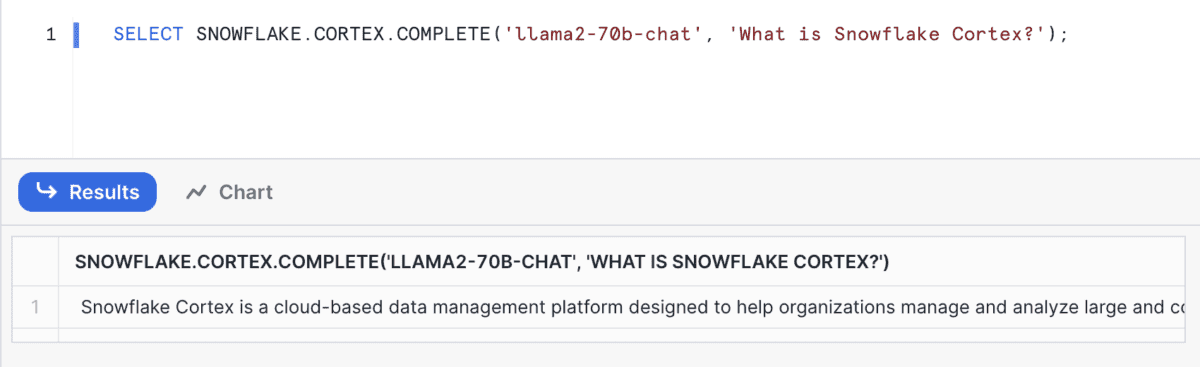 The results of running a query that uses COMPLETE in Snowflake