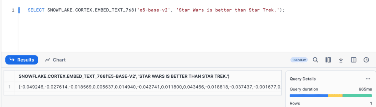 The results of running a query that uses EMBED_TEXT_768 in Snowflake