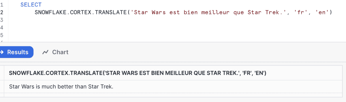 The results of running a query that uses TRANSLATE in Snowflake