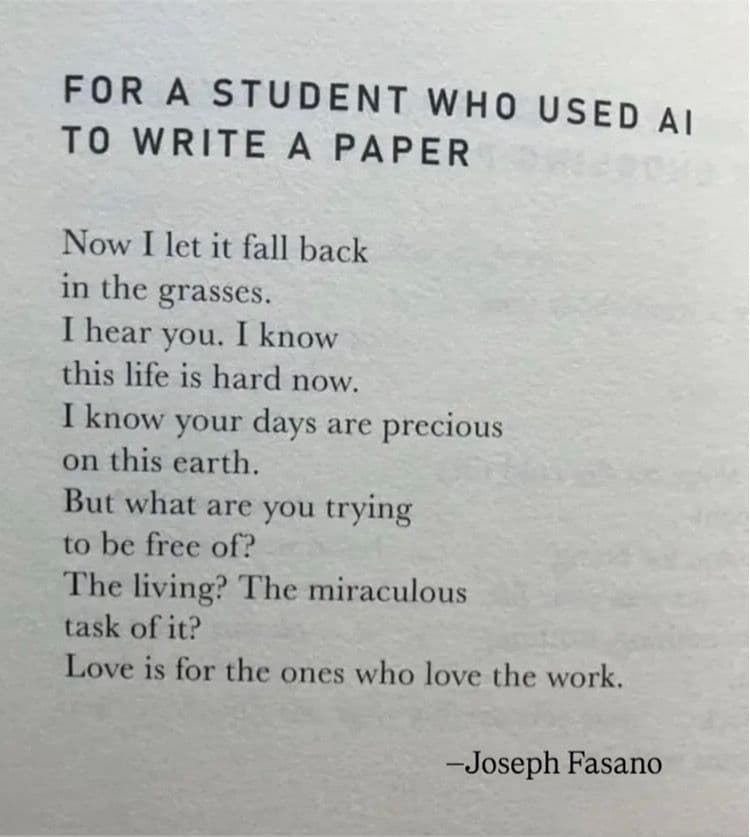 For a student who used AI to write a paper: Now I let it fall back in the grasses. I hear you. I know this life is hard now. I know your days are precious on this earth. But what are you trying to be free of? The living? The miraculous task of it? Love is for the ones who love the work.