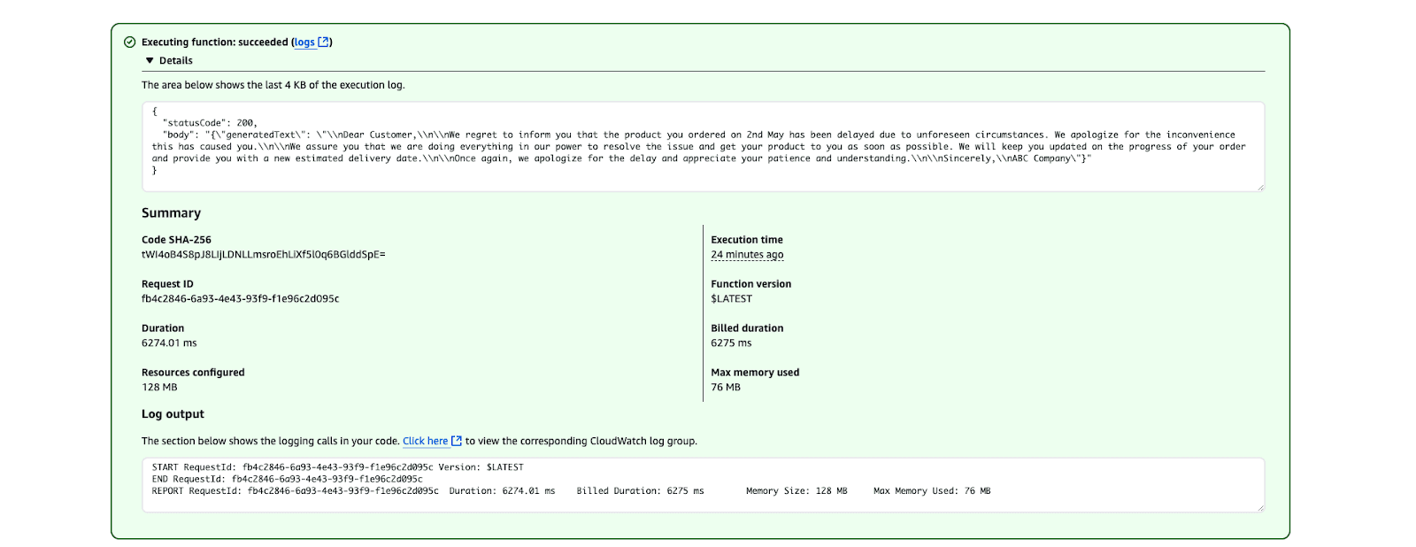 Screenshot of AWS Lambda execution results indicating a successful function execution
