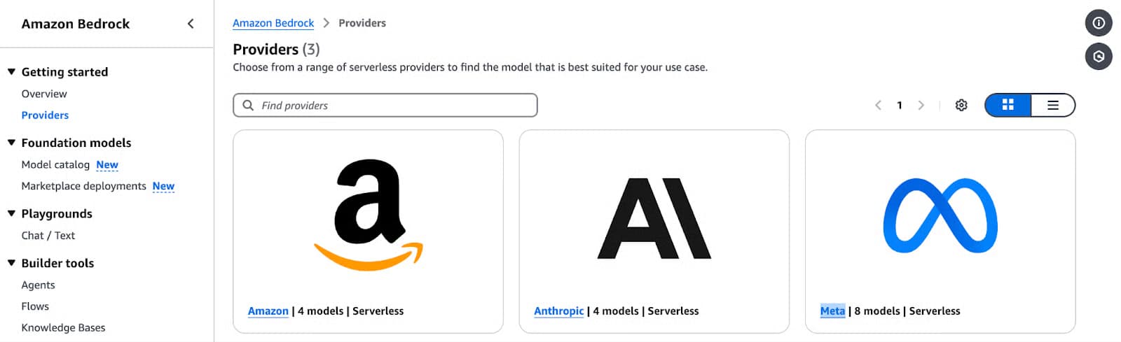 Screenshot of the Amazon Bedrock Providers page featuring three serverless model providers: Amazon, Anthropic, and Meta