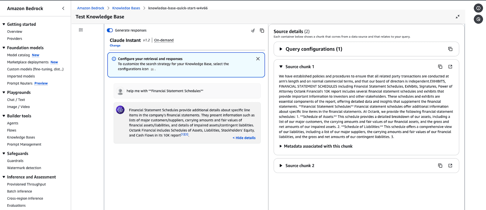 Screenshot of the Amazon Bedrock Knowledge Base testing page. The selected model is "Claude Instant v1.2" set to on-demand inference.
