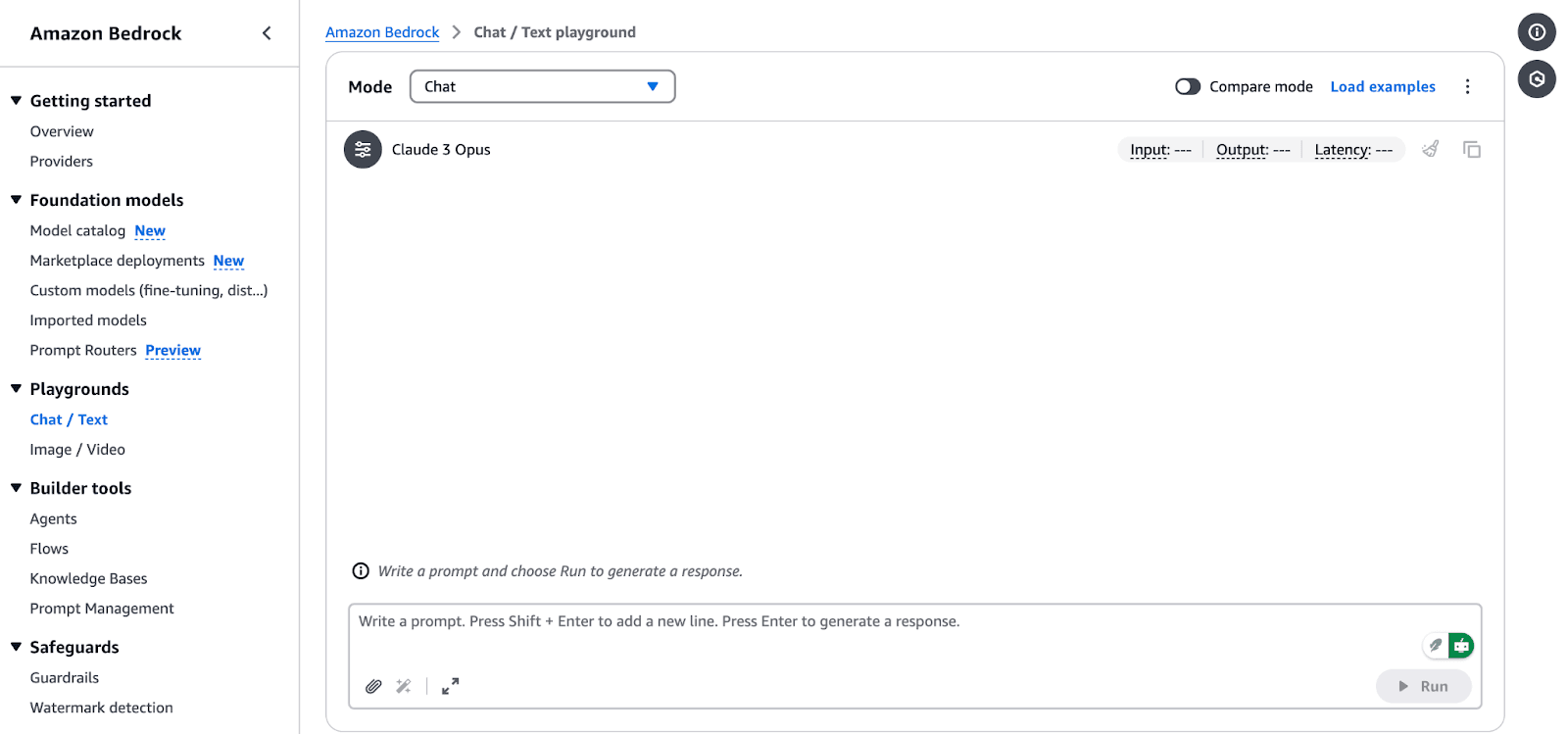 Screenshot of the Amazon Bedrock Chat/Text Playground, featuring the Claude 3 Opus model. The interface includes options to input a prompt, run responses, and compare different models. The left panel lists options like "Getting started," "Foundation models," "Playgrounds," "Builder tools," and "Safeguards."