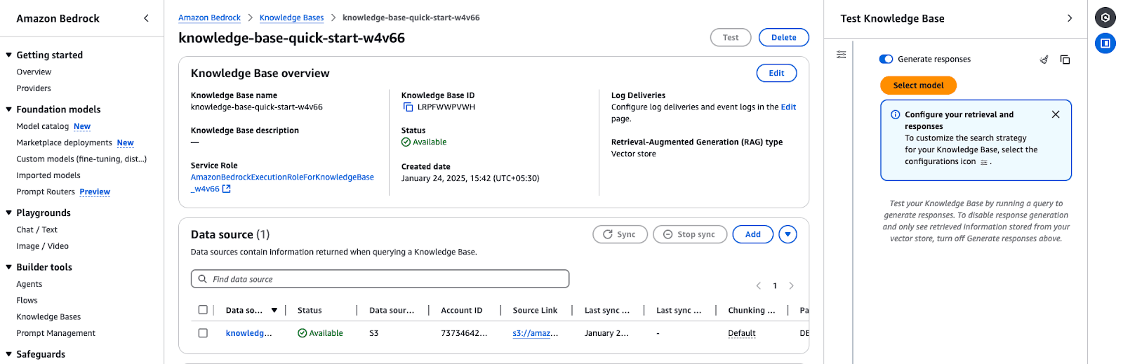 Screenshot of the Amazon Bedrock Knowledge Base overview page, displaying key details such as the knowledge base name, ID, service role, status, and retrieval-augmented generation (RAG) type.