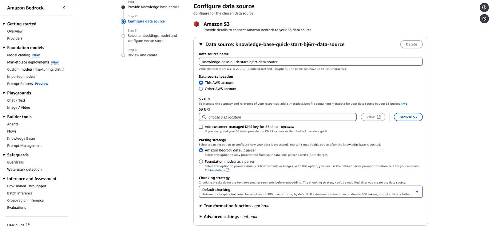 Screenshot of the Amazon Bedrock data source configuration interface, showing settings for connecting an Amazon S3 data source