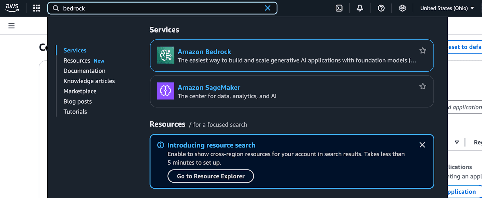 Screenshot of AWS Management Console search results for "Bedrock," displaying Amazon Bedrock as the service for building generative AI applications, Amazon SageMaker for data and AI analytics, and a highlighted introduction to resource search with cross-region capabilities