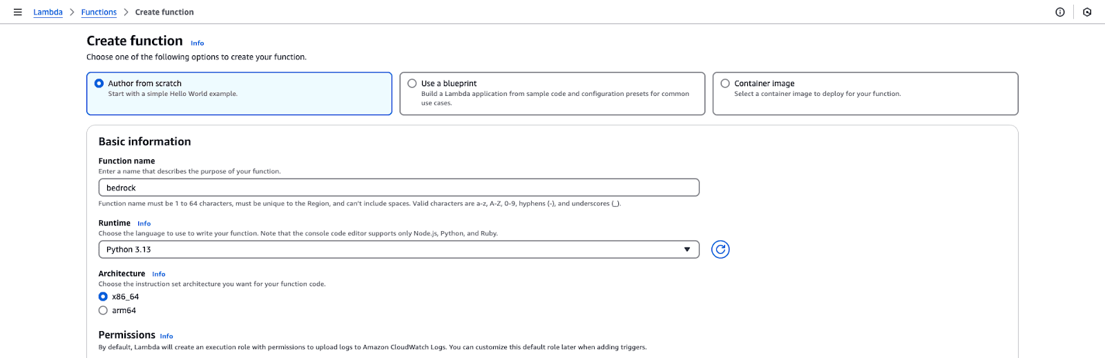 Screenshot of the AWS Lambda function creation interface. The selected option is "Author from scratch," and the function name is set to "bedrock."