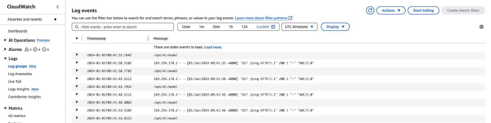 Screenshot of AWS CloudWatch log events, displaying entries for a machine learning model under the path /opt/ml/model. Each log includes a timestamp, source IP, and HTTP GET request to /ping with a 200 status code.