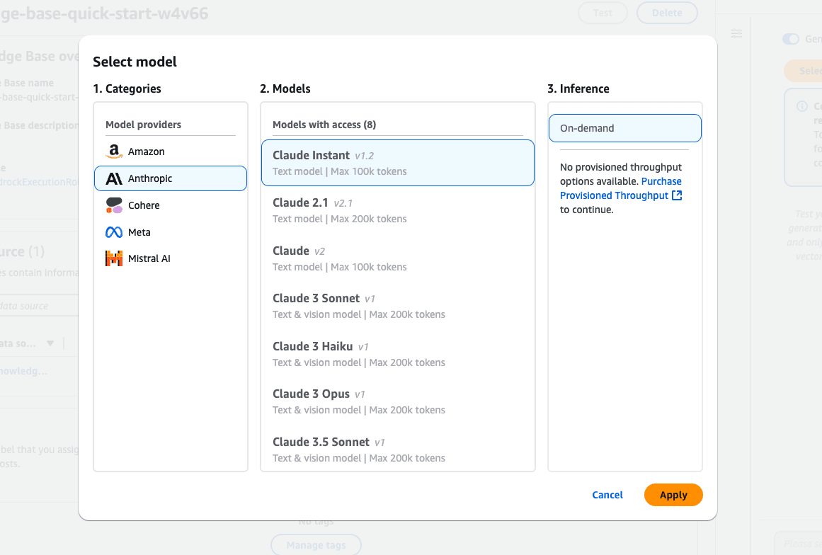 Screenshot of the Amazon Bedrock "Select model" interface, displaying model providers including Amazon, Anthropic, Cohere, Meta, and Mistral AI.