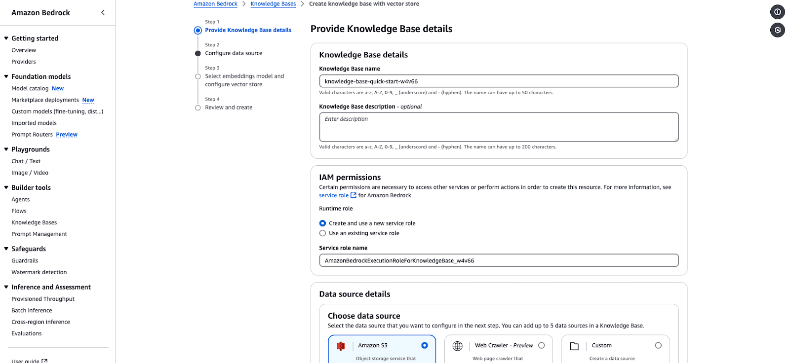Screenshot of the Amazon Bedrock Knowledge Base creation interface, showing steps to configure a knowledge base.