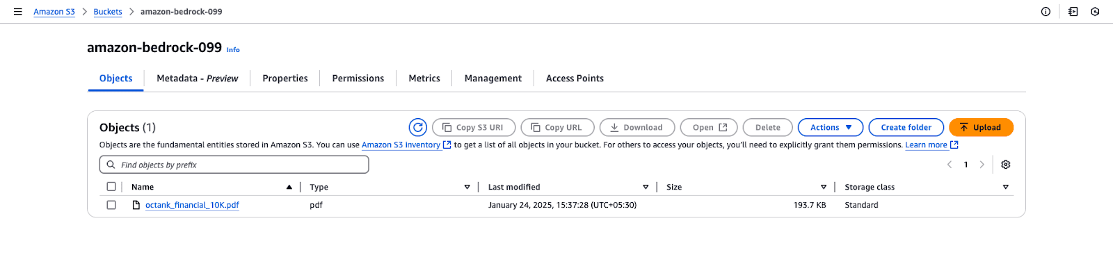 Screenshot of an Amazon S3 bucket named "amazon-bedrock-099," displaying the "Objects" tab with a single PDF file named "octank_financial_10K.pdf."